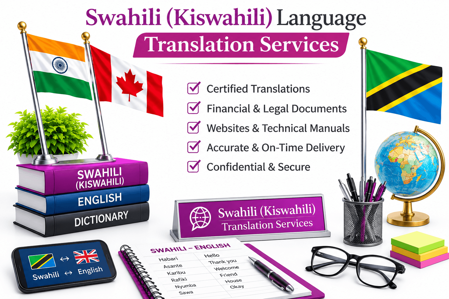 Professional Swahili (Kiswahili) Language Translation Services by Lingvopedia for legal, medical, technical, financial, website, and business document translation.