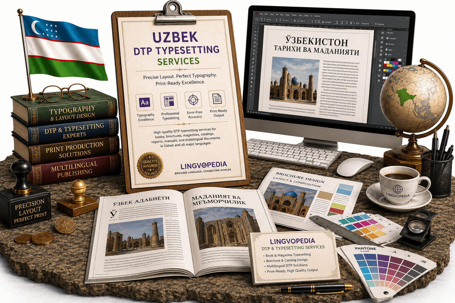Professional Uzbek DTP Typesetting Services for books, brochures, magazines, manuals, catalogs, and multilingual publishing by Lingvopedia
