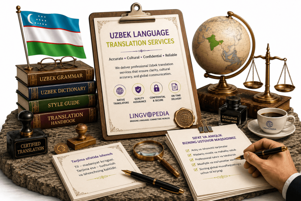 Professional Uzbek Language Translation Services for legal, business, medical, technical, and certified document translation by Lingvopedia