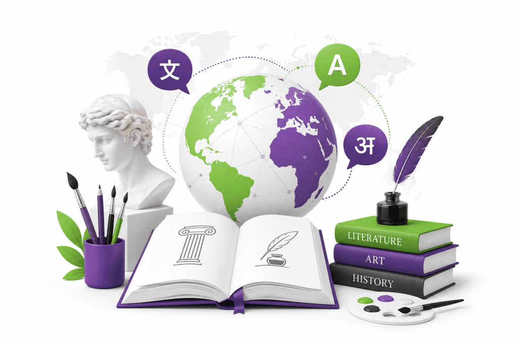 Professional Translation Services in Arts illustration featuring literature, painting, sculpture, history, and multilingual communication.