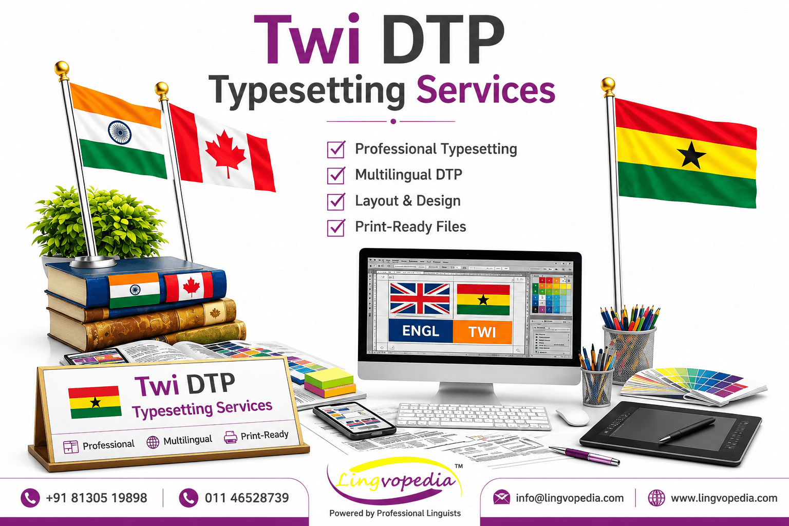 Professional Twi DTP Typesetting Services for multilingual documents, print-ready layouts, desktop publishing, and English to Twi localization by Lingvopedia.