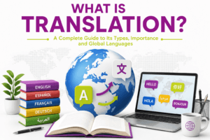 Illustration explaining translation, different translation types, multilingual communication, and global languages